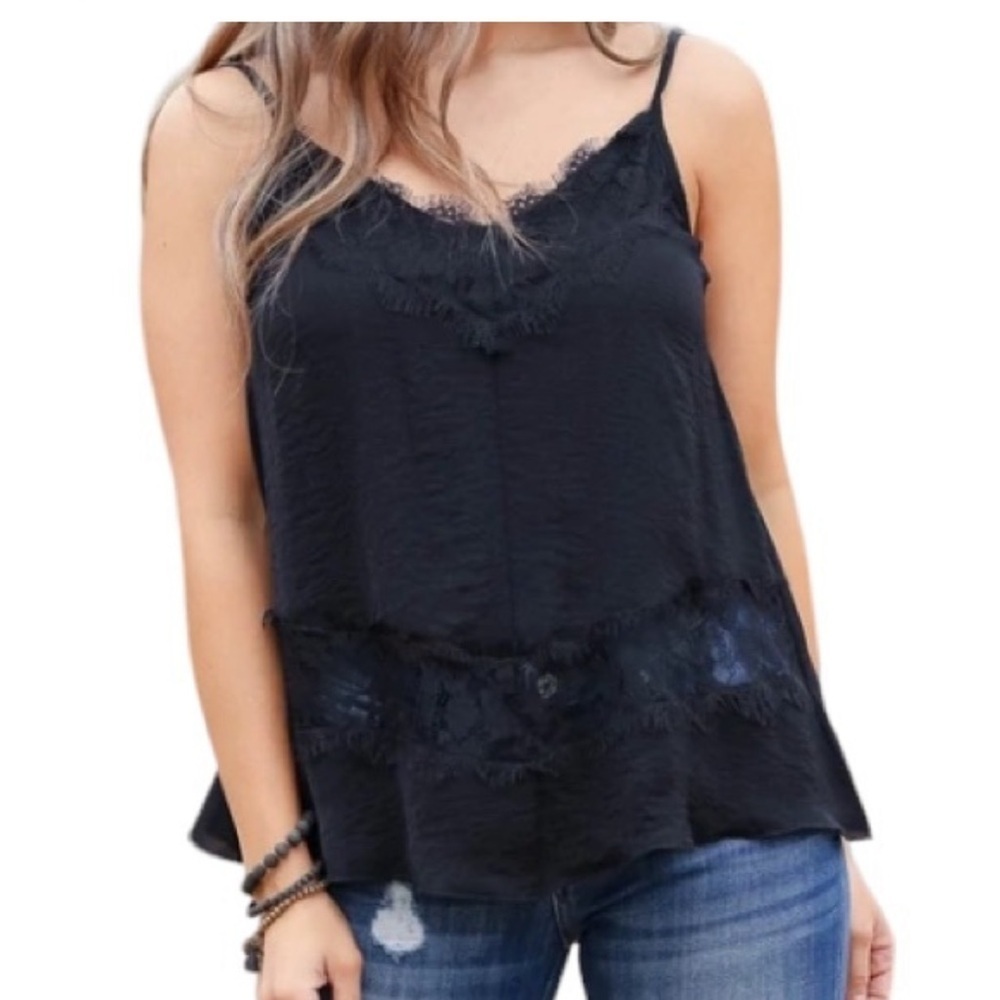 black camisole top by Promesa, with delicate lace trim at the neckline and hem